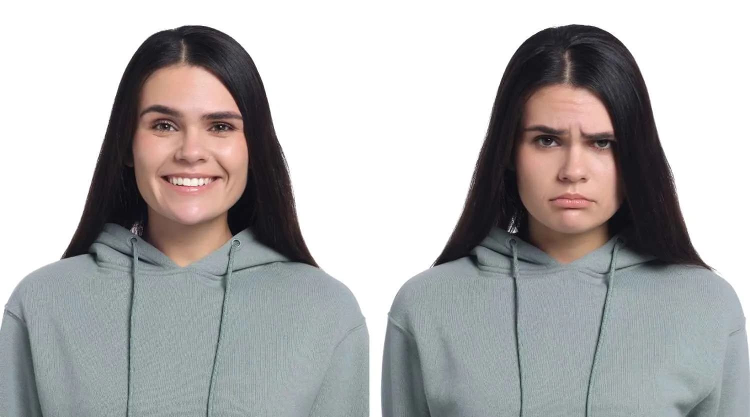Woman showing happy and depressed facial expressions representing Bipolar I vs Bipolar II, bipolar disorder symptoms, mood disorder, manic episode vs hypomanic episode, and depressive episodes.