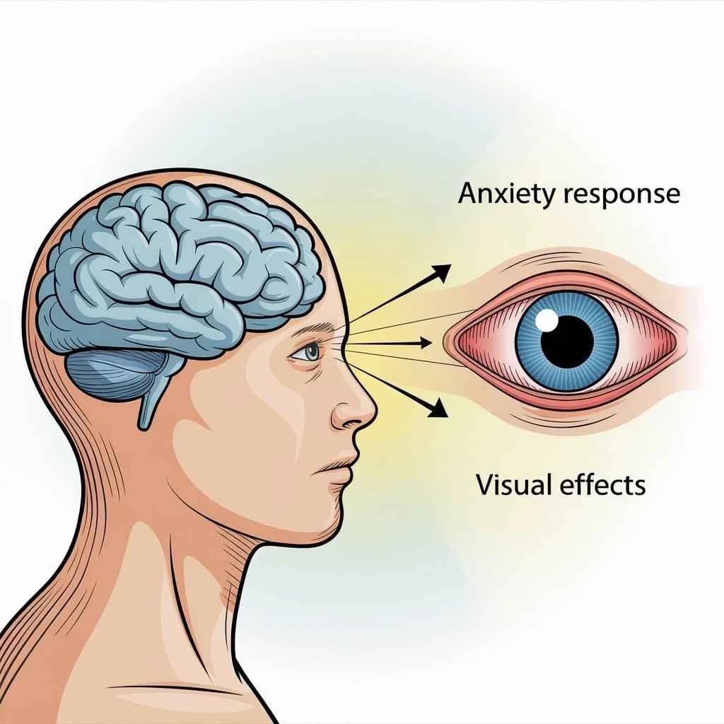 Can Anxiety Cause Blurred Vision? Illustration showing how anxiety affects the brain and eyes, causing blurred vision, anxiety eye symptoms, and visual effects during stress or panic attacks.