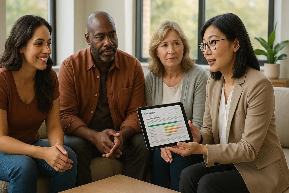 How Genesight Genetic Testing Is Shaping Mental Health Care? A woman in a blazer shows GeneSight genetic testing results on a tablet to three attentive patients seated on a couch during a mental health consultation.