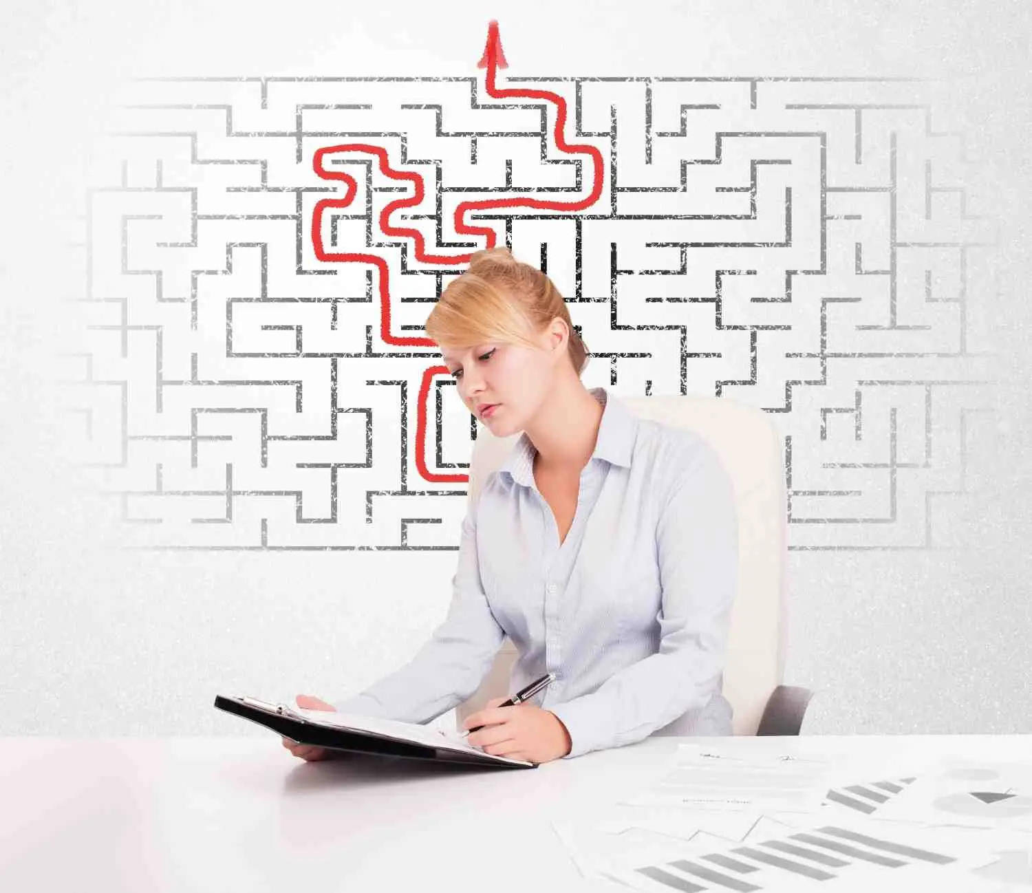 Woman performing Cognitive Assessment with maze-style brain task showing executive function and problem-solving evaluation.