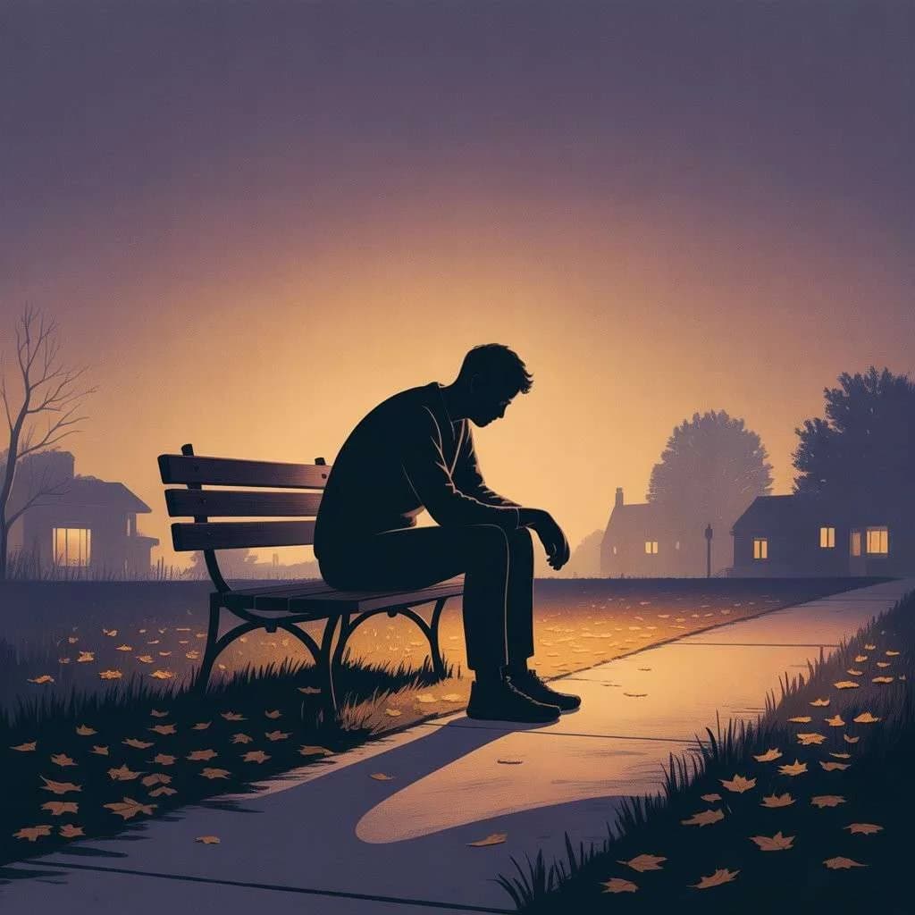 Silhouette of a distressed man sitting alone on a park bench at sunset, representing emotional pain and reflection around the question Is Suicide Selfish in mental health discussions.