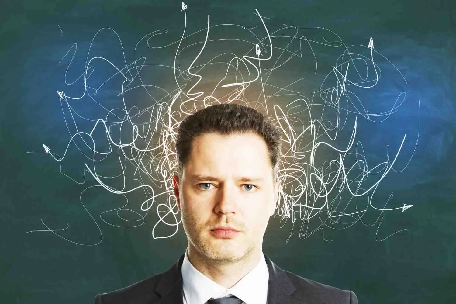 Man experiencing emotional spiralling with chaotic thoughts and arrows symbolizing stress, anxiety, and overwhelming emotions