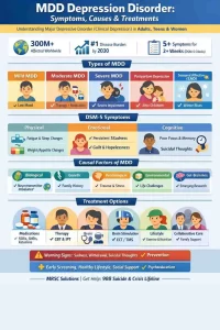 Infographic showing MDD Depression Disorder symptoms, causes, types, and treatment options for adults, teens, and women