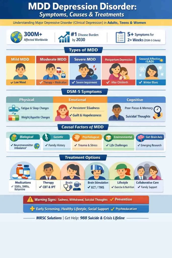 Infographic showing MDD Depression Disorder symptoms, causes, types, and treatment options for adults, teens, and women