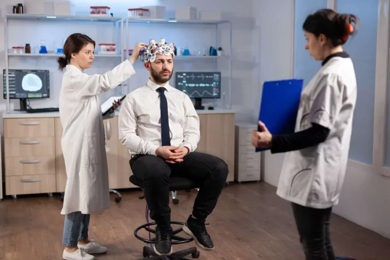 What Is Neuropsychiatric Testing? Patient undergoing brain wave monitoring during clinical neuropsychiatric evaluation in medical office