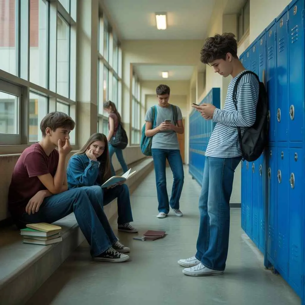 Common problems teenagers face — teens in school hallway showing social isolation, phone addiction, and peer disconnection
