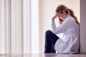 Healthcare professional sitting on the floor holding her head in distress, illustrating emotional exhaustion and symptoms of Major Depressive MDD Depression Disorder.