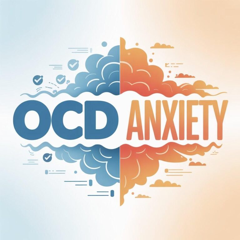 OCD vs Anxiety comparison illustration showing contrasting brain patterns with OCD on one side and anxiety on the other side