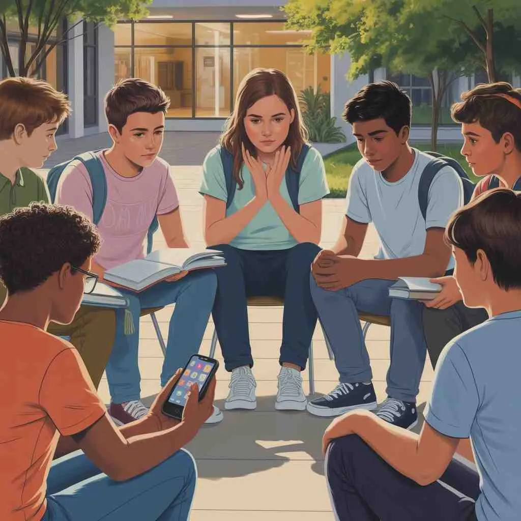 Why these problems are rising — a teenage girl surrounded by peers with phones showing social pressure and peer influence among adolescents