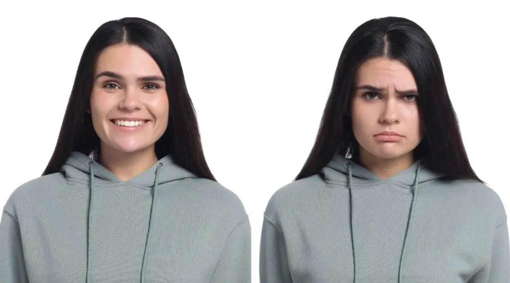 Woman showing happy and depressed facial expressions representing Bipolar I vs Bipolar II, bipolar disorder symptoms, mood disorder, manic episode vs hypomanic episode, and depressive episodes.