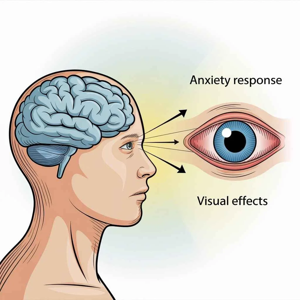 Can Anxiety Cause Blurred Vision? Illustration showing how anxiety affects the brain and eyes, causing blurred vision, anxiety eye symptoms, and visual effects during stress or panic attacks.