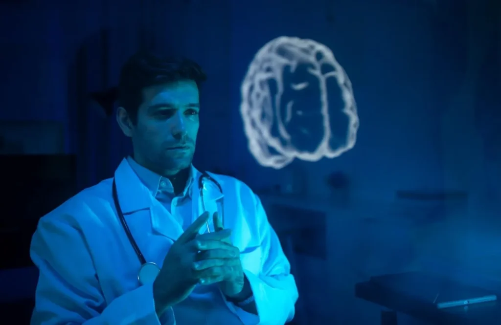 Doctor examining brain scan related to What is Wet Brain, Wernicke Korsakoff Syndrome WKS, alcohol use disorder, memory loss, and thiamine vitamin B1 deficiency.