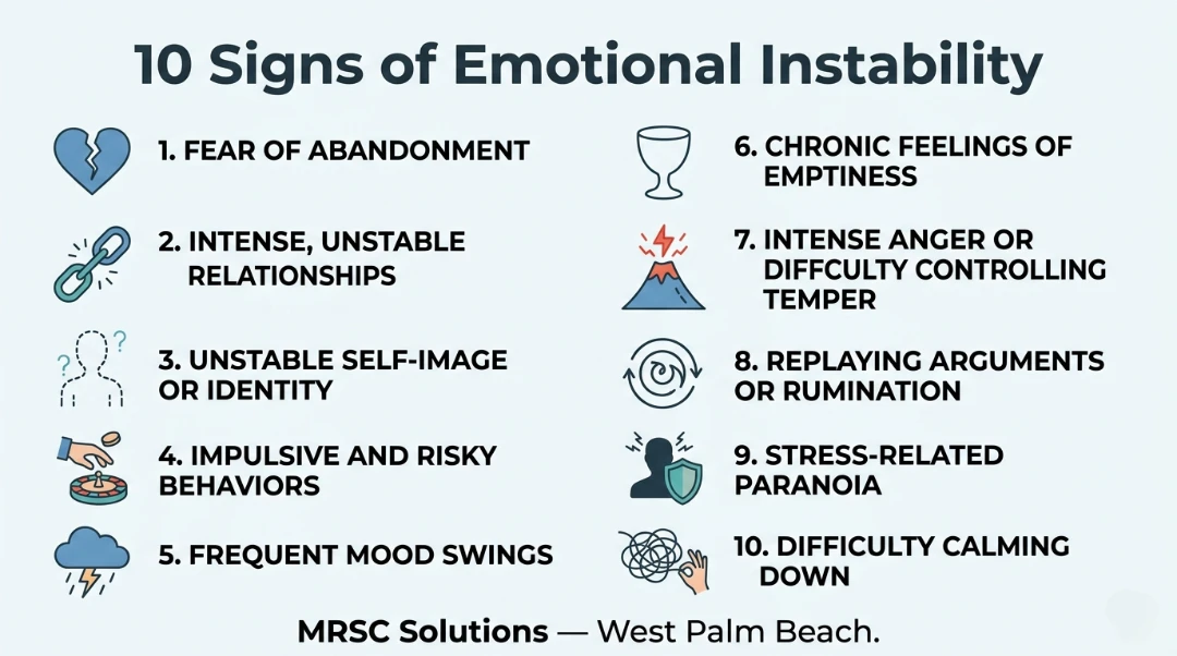 An infographic titled "10 Signs of Emotional Instability" listing ten common psychological indicators with corresponding icons. The signs include: 1. Fear of Abandonment, 2. Intense, Unstable Relationships, 3. Unstable Self-Image or Identity, 4. Impulsive and Risky Behaviors, 5. Frequent Mood Swings, 6. Chronic Feelings of Emptiness, 7. Intense Anger or Difficulty Controlling Temper, 8. Replaying Arguments or Rumination, 9. Stress-Related Paranoia, and 10. Difficulty Calming Down.