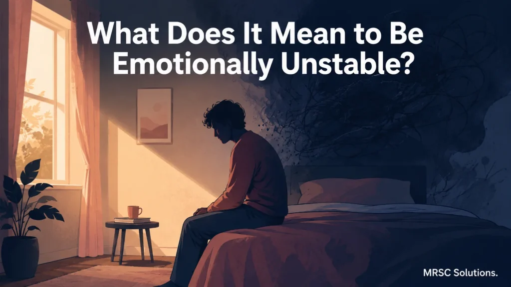 An illustration depicting a person sitting on the edge of a bed, looking down, addressing the question: "What Does It Mean to Be Emotionally Unstable?" One side of the room is illuminated by warm sunlight from a window, while the other side is enveloped in dark, chaotic scribbles representing mental distress.