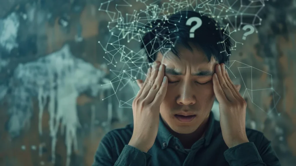 A stressed and confused man pressing his temples with eyes closed, surrounded by abstract digital neural networks and question marks, illustrating what does it mean to be mentally unstable.